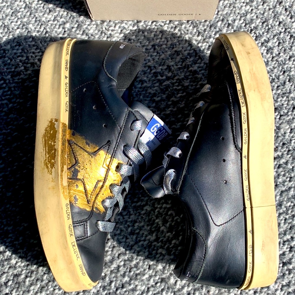 GOLDEN GOOSE HI STAR BLACK LEATHER  TRAINERS GOLD DETAIL THICK SOLE EUC SIZE 37